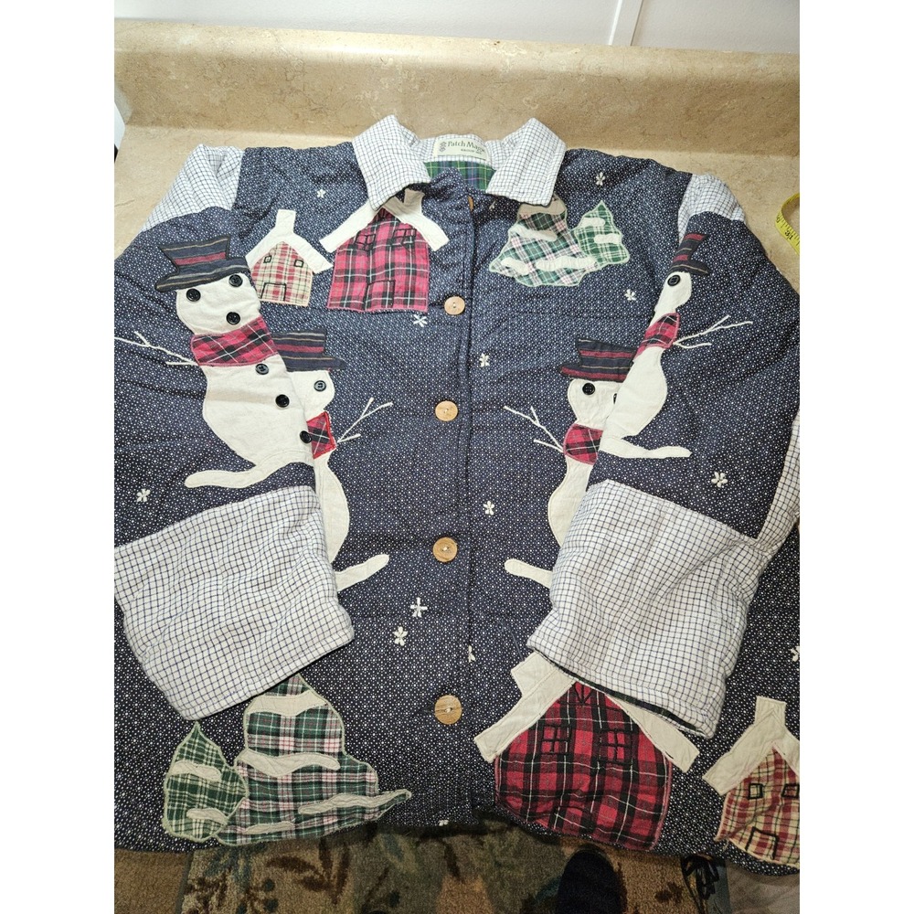 Vintage Patch Magic SZ S Handmade Quilted Reversible Jacket Snowman Houses Artsy - Picture 6 of 10